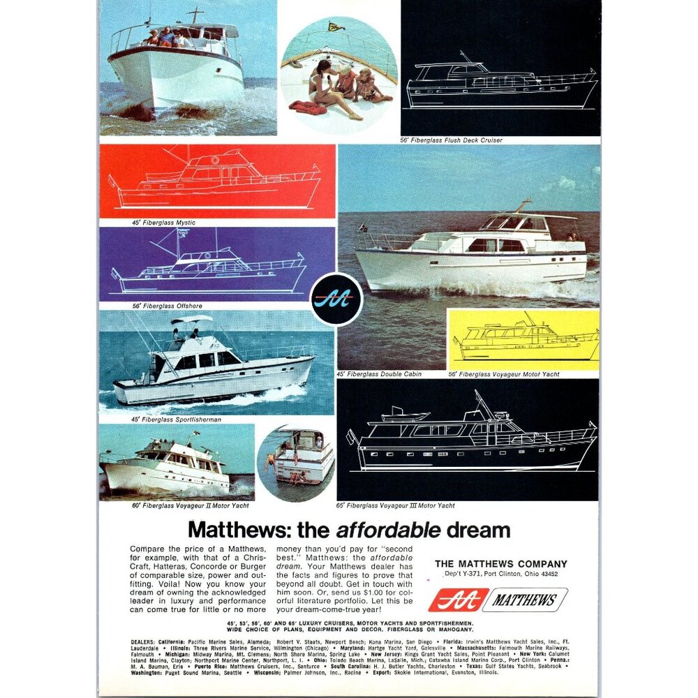 1971 Matthews Fiberglass Voyageur Motor Yacht Vintage Print Ad 70s Wall Art